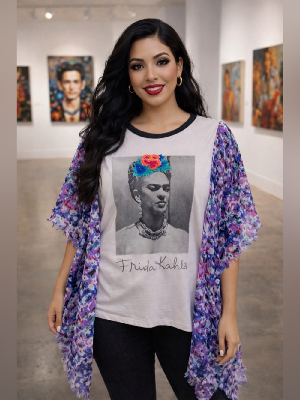 Frida Kahlo Custom Upcycled Kimono Poncho Top OSFM OOAK Graphic Tee Purple Blue